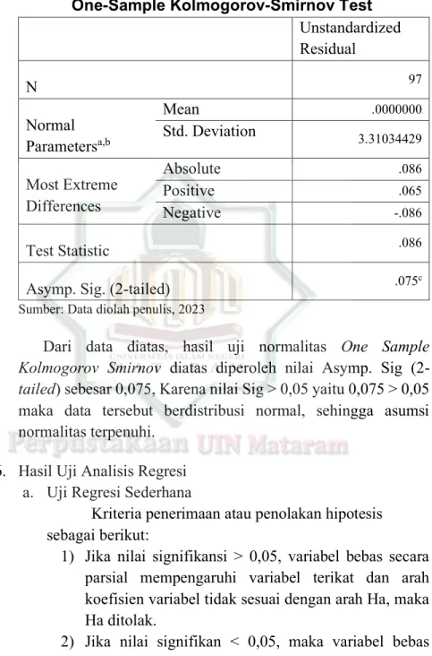 Tabel 4.9  Hasil Uji Normalitas 