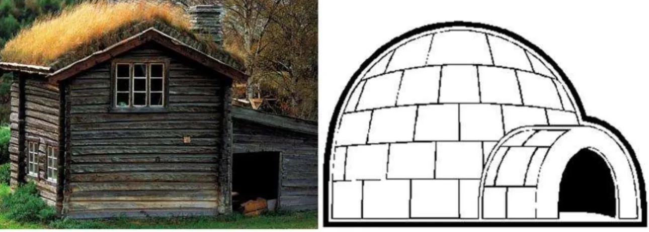 Gambar II.12. Timber hut dan igloo sebagai bangunan khas daerah iklim dingin 