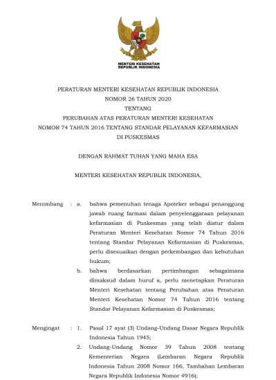 PERUBAHAN ATAS PERATURAN MENTERI KESEHATAN NOMOR 74 TAHUN 2016 TENTANG ...