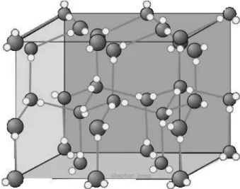 Gambar 1. 31 Struktur Kristal Es. Ikatan hidrogen digambarkan  dengan garis panjang antara O dan H 