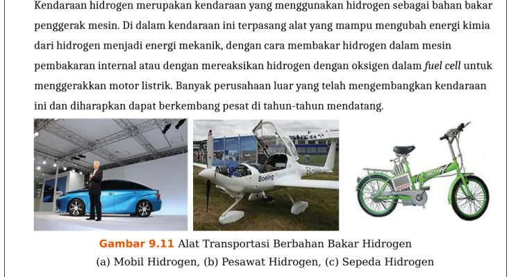 Gambar 9.11 Alat Transportasi Berbahan Bakar Hidrogen                           (a) Mobil Hidrogen, (b) Pesawat Hidrogen, (c) Sepeda Hidrogen