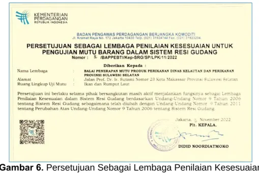 Gambar 6. Persetujuan Sebagai Lembaga Penilaian Kesesuaian C. Visi Dan Misi Balai Penerapan Mutu Produk Perikanan (BPMPP)