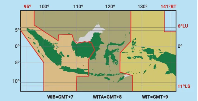 Gambar 1.3 Pembagian zona waktu di Indonesia  Sumber: Kemendikbud/mrizalabdi (2020) a