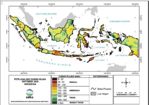 Gambar 1. 4 Peta curah hujan di Indonesia pada bulan Oktober 2020 Sumber: BMKG (2020).
