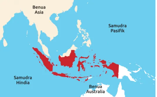 Gambar 1.1 Wilayah Indonesia terletak di antara Benua Asia dan Australia, Samudra Hindia dan Pasifik