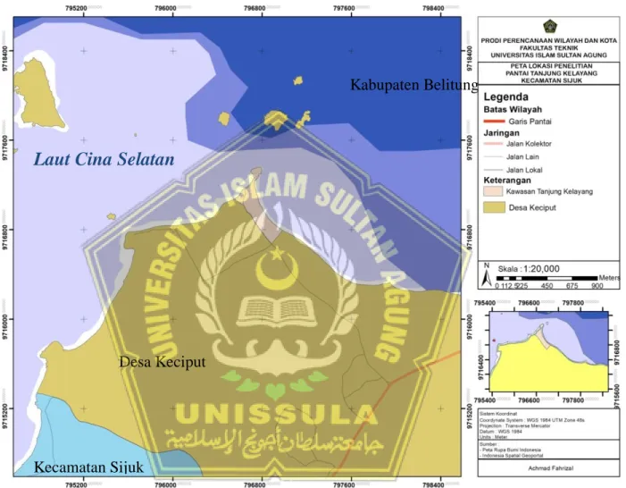 Gambar 1.1 Peta administrasi kelurahan terhadap lokasi studi  Sumber : Dinas PUPR Kabupaten Belitung 