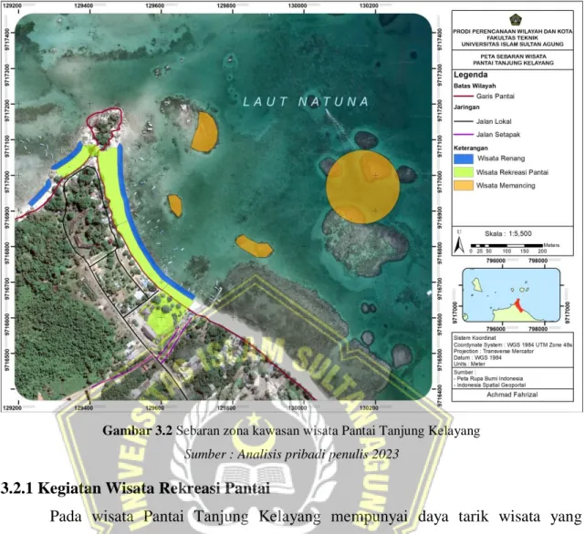 Gambar 3.2 Sebaran zona kawasan wisata Pantai Tanjung Kelayang  Sumber : Analisis pribadi penulis 2023 