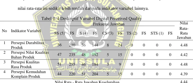Tabel 4. 4 Deskriptif Variabel Digital Perceived Quality 