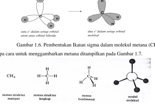 Gambar 1.6. Pembentukan Ikatan sigma dalam molekul metana (CH 4 )  Beberapa cara untuk menggambarkan metana ditampilkan pada Gambar 1.7