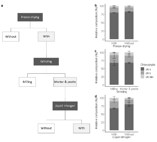 Fig. 1 Sample preparation procedure and its impact on the chlorophyll composition. (a) Selected 