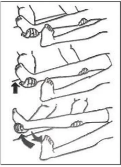 Gambar 2.9 Range of Motion (ROM) paha  a)  Gerakkan kaki pasien menjauh dan mendekati badan 