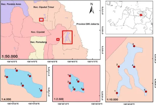 Gambar 1. Lokasi penelitian, (kiri ke kanan) Situ Bungur, Situ Kuru, dan Situ Gintung