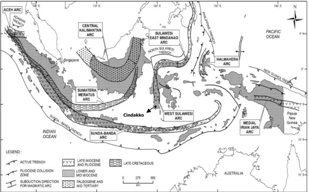 Gambar 1. 1 Lokasi Prospek Cindako pada peta distribusi dan polarisasi busur magmatik   Kapur Akhir-Pliosen di Indonesia (Carlile and Mitchell, 1994)