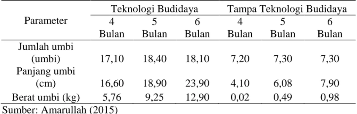 Tabel 1. Pertumbuhan dan Hasil Singkong Varietas Gajah Pada Tahap Panen                Akhir (4, 5, dan 6 bulan) 