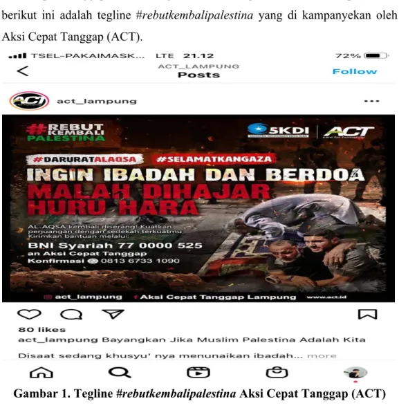 Gambar 1. Tegline #rebutkembalipalestina Aksi Cepat Tanggap (ACT)  Aksi  Cepat  Tanggap  (ACT)  Lampung  saat  ini  memfokuskan  pada  kegiatan  kampanye “Rebut Kembali Palestina” melalui akun instagram @act_lampung