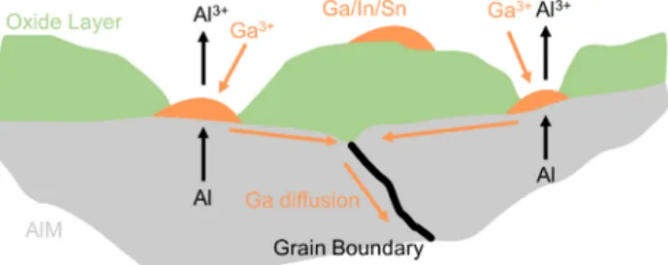 Fig. 4 appear to be consistent with the mechanism requiring soluble  alloying components to activate aluminum: (i) j corr  increases with  gal-lium content within the examined range, well below the solubility limit  for Ga in aluminum; (ii) In and Sn conce