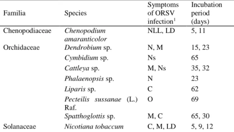 Table 1. Variation in symptoms of ORSV infection in test plants 