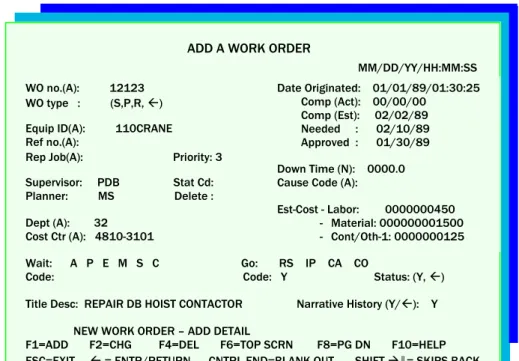 Gambar 1.15: Contoh Tampilan Work Order Entry pada layar  monitor komputer (Coustesy of ABC Management  System 