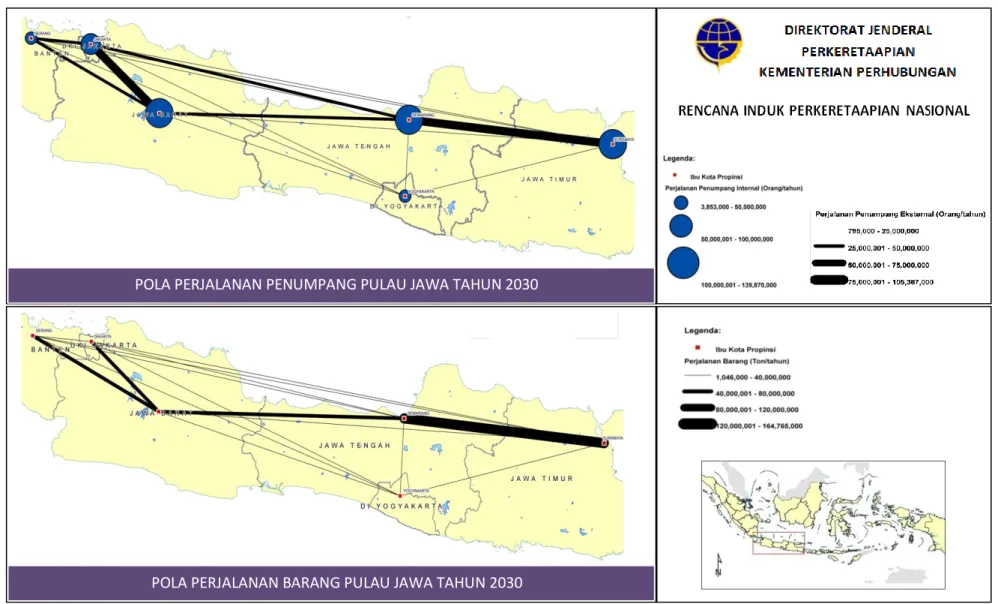 Gambar  2.  Desire line Perjalanan Penumpang dan Barang Menggunakan Moda Kereta Api di Pulau Jawa Tahun 2030 POLA PERJALANAN PENUMPANG PULAU JAWA TAHUN 2030 