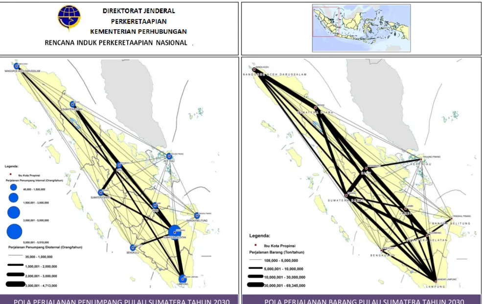 Gambar  3.  Desire line Perjalanan Penumpang dan Barang Menggunakan Moda Kereta Api di Pulau Sumatera Tahun 2030 POLA PERJALANAN PENUMPANG PULAU SUMATERA TAHUN 2030  POLA PERJALANAN BARANG PULAU SUMATERA TAHUN 2030 RENCANA INDUK PERKERETAAPIAN NASIONAL REN
