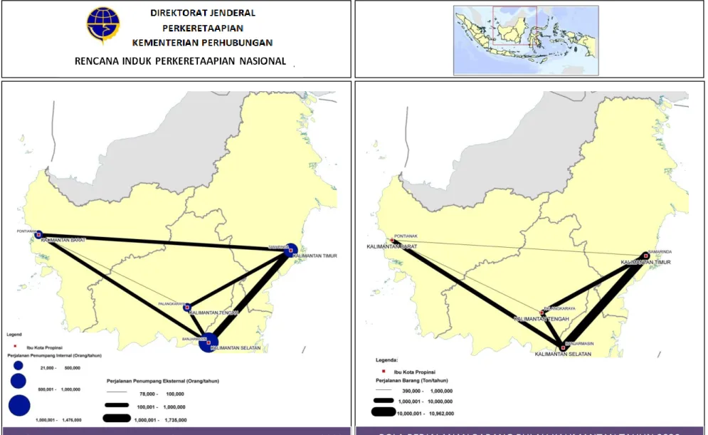 Gambar  4.  Desire line Perjalanan Penumpang dan Barang Menggunakan Moda Kereta Api di Pulau Kalimantan  Tahun 2030 RENCANA INDUK PERKERETAAPIAN NASIONAL 