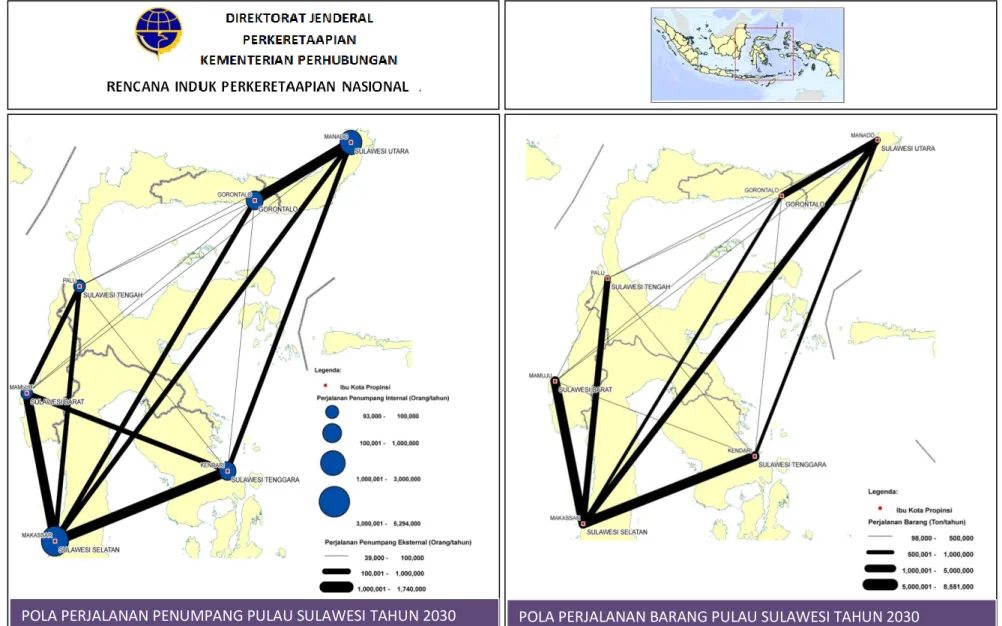 Gambar  5.  Desire line Perjalanan Penumpang dan Barang Menggunakan Moda Kereta Api di Pulau Sulawesi  Tahun 2030 RENCANA INDUK PERKERETAAPIAN NASIONAL 