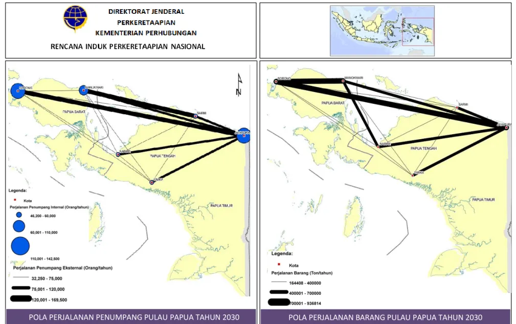 Gambar  6.  Desire line Perjalanan Penumpang dan Barang Menggunakan Moda Kereta Api di Pulau Papua Tahun 2030POLA PERJALANAN PENUMPANG PULAU PAPUA TAHUN 2030  POLA PERJALANAN BARANG PULAU PAPUA TAHUN 2030 