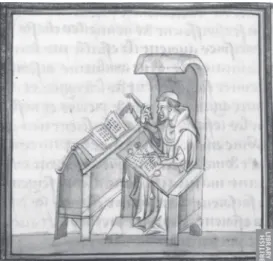 Figure 1.6  Scribe comparing two texts in a monastery (© The British Library Board  (Lansdowne 1179 f34v))