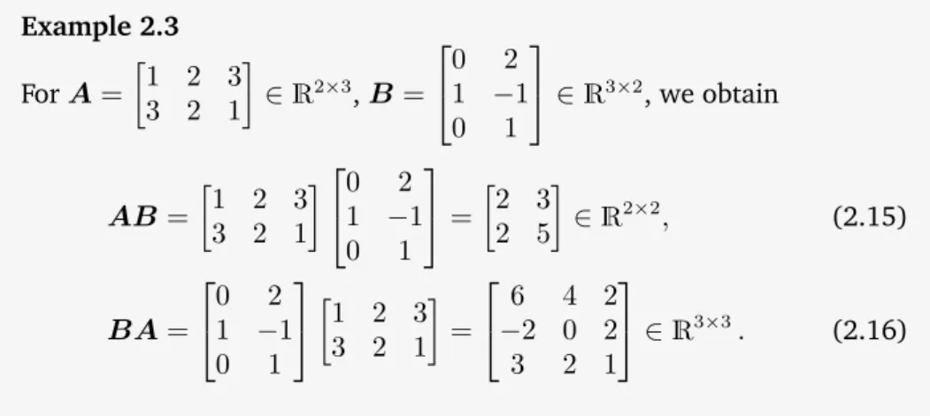 Figure 2.5 Even if both matrix multiplications AB and BA are defined, the dimensions of the results can be different.