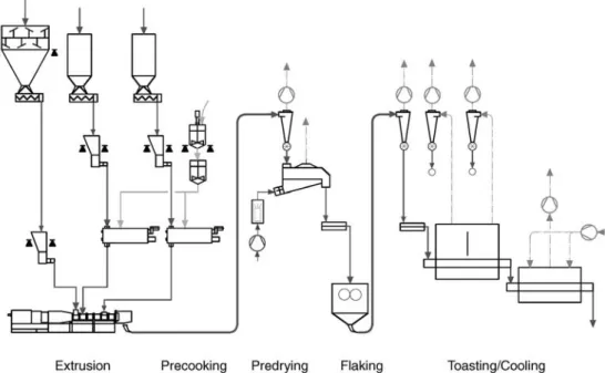 Figure 4.17 Typical set-up of a multigrain flakes extrusion-cooking production line [13].
