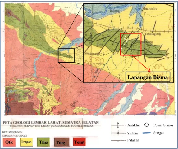 Gambar  3.  Peta  geologi  lembar  Lahat  dengan  area  penelitian  (Laporan  Internal Pertamina Asset 2, 2016) dengan modifikasi
