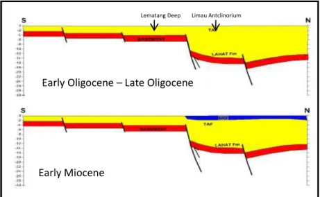 Gambar  6.  Penampang  utara-selatan  perkembangan  tektonik  sedimentasi  Limau dan sekitarnya pada Early  Miocene  (Pulunggono,  dalam  Hardiansyah 2015)