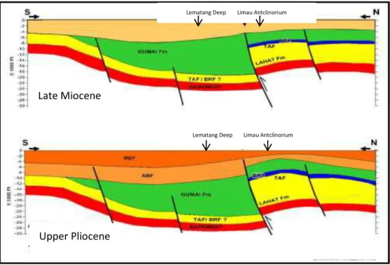 Gambar  8.  Penampang  utara-selatan  perkembangan  tektonik  sedimentasi  Limau  dan  sekitarnya  pada  Late  Miocene  –  Upper  Pliocene  (Pulunggono, 1986; Hardiansyah 2015)