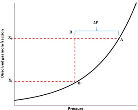 Figure 3.2: Dissolved gas mole fraction as a function of pressure for a given arbitrary system (units on both scales are arbitrary)