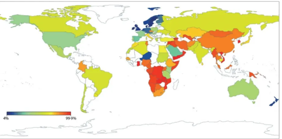Figure 2. Representation of the geographic distributions of lactase non persistence frequencies of  populations in the world
