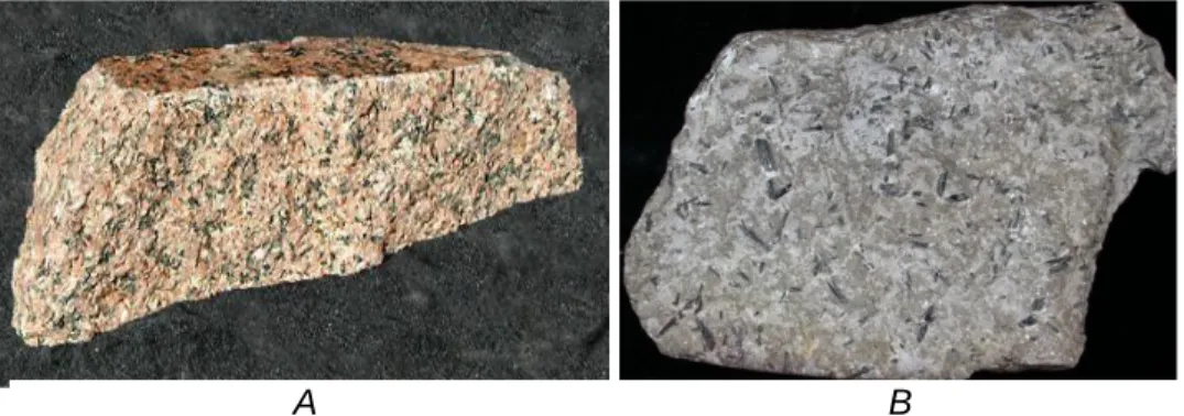 Gambar 2. 2.  Contoh batuan beku: Granit (A) dan Andesit (B) (Sumber: www.PITT.edu  dan www.geo.umn.edu ) 
