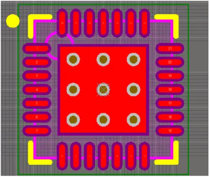 Figure 2.6  A small footprint QFN part with thermal vias in the center. Be sure to use  thermal vias with a diameter at least 13 mils so there is no cost adder