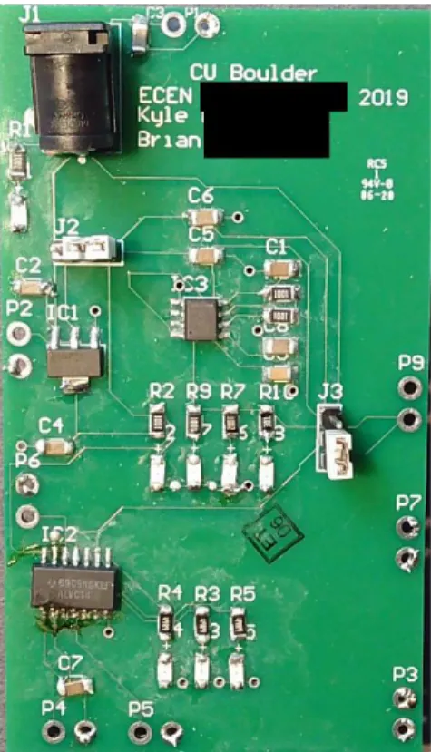 Figure 2.10  Example of a simple 2-layer board with silk screen markings to identify the  board, the project owners, and reference designators to assist in assembly