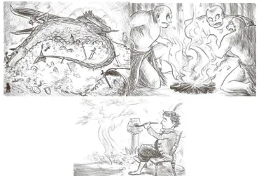 Gambar 22. Desain ilustrasi untuk adegan-adegan  dalam The Hobbit (kiri ke kanan: Smaug menunjukkan kelemahannya, para troll, dan Bilbo) 