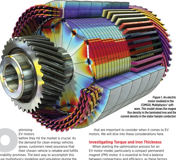 Figure 1. An electric  motor modeled in the  COMSOL Multiphysics®  soft-ware. This model shows the magnetic  flux density in the laminated iron and the  current density in the stator hairpin conductors.