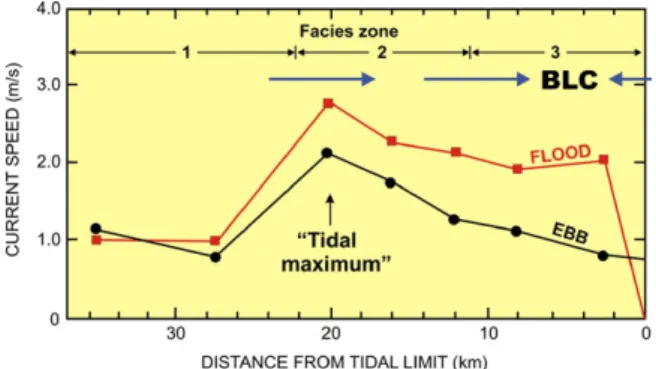 Fig. 13. Longitudinal variation of tidal-currents speed in the Cobequid Bay-Salmon River estuary, Bay of Fundy