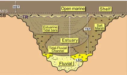 Fig. 6. Schematic vertical cross section of a tide-dominated estuary located within an incised valley (see map view in Fig