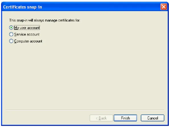 Figure 7: MMC - Specifying Certificate Management for User Accounts  Select “My user account” and click “Finish”