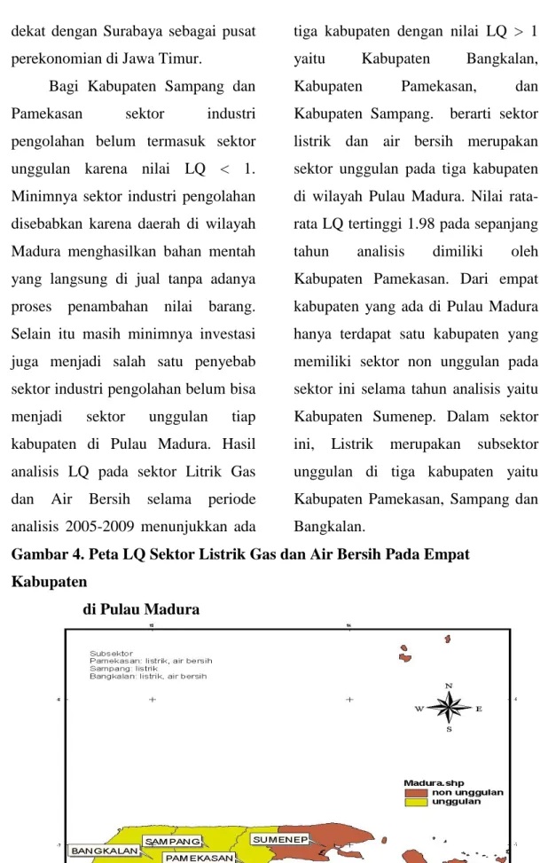 Gambar 4. Peta LQ Sektor Listrik Gas dan Air Bersih Pada Empat  Kabupaten  