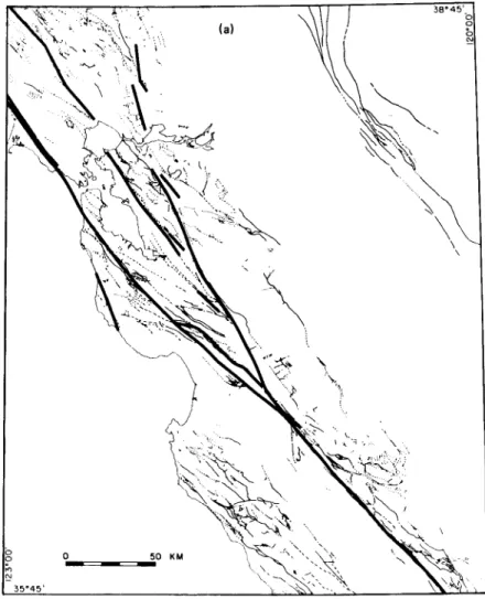 Fig.  la.  Schematic  map  showing  fault  traces  in  central  California.  The  heavy  lines  delineate major active faults