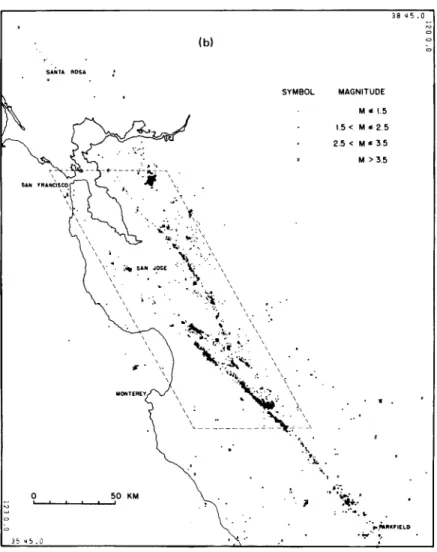 Fig.  2b.  Map  showing  earthquake  epicenters  (for  1970)  as determined  by  the  USGS  Central California Microearthquake  Network  using  stations  shown  in  part  (a)