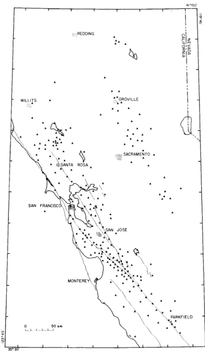 Fig.  3.  Distribution of seismic stations (solid triangles) in the  USGS Central California  Microearthquake Network