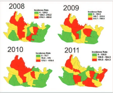 Figure 3 Mapping of DHF Incidence in Bandung during the Period of 2008 to 2011