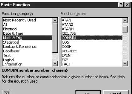 Figure 2.1 Paste Function dialog box showing the COMBIN function in the Math category