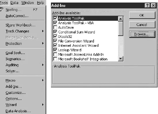 Figure 2.22 Tools menu with Data Analysis and Solver available, also the Add-Ins dialog box
